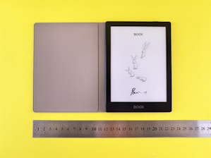 A yellow wall with a ruler and a picture on it