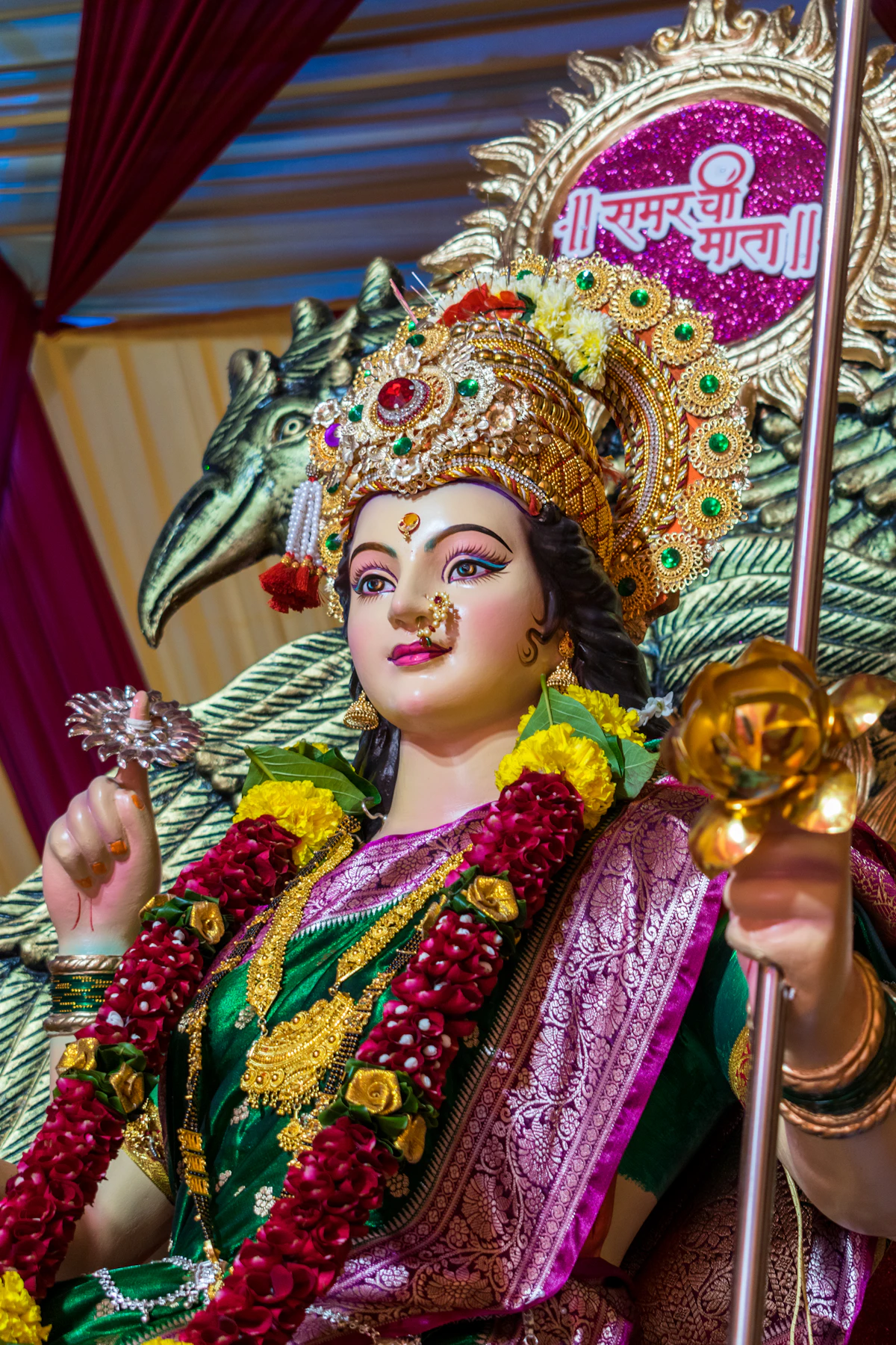 A colourful Maa Durga idol decorated for Navratri worship