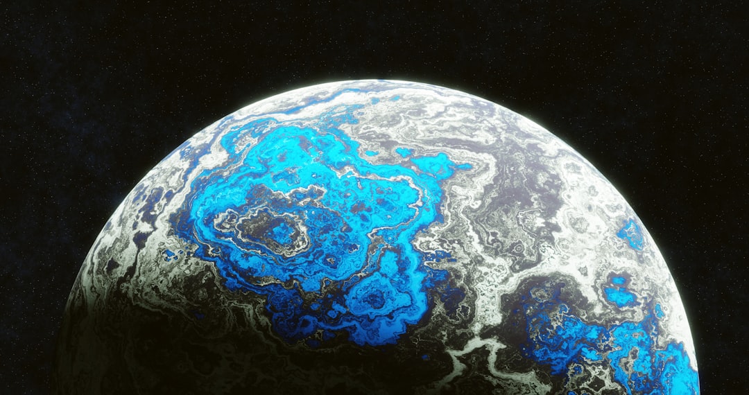 A close up of a blue and white object on a black background, A detailed, close-up view of a stylized alien planet. The planet is spherical and predominantly shades of white, gray, and deep turquoise-blue. The surface displays intricate, swirling patterns and textures, resembling geological formations like canyons, valleys, and ridges. The colors are blended seamlessly, creating a marbled or stained-glass effect. The blue areas appear like liquid or solidified pools within the landscape.