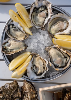 A plate of oysters with lemon wedges and ice