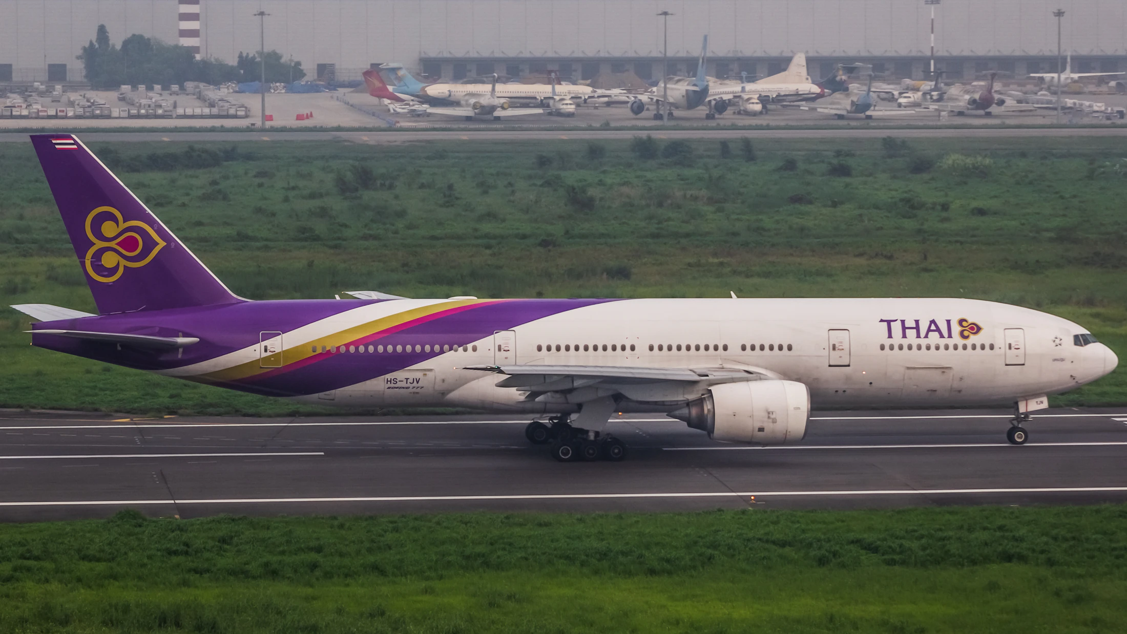 A THAI Airways aircraft on the runway in Thailand