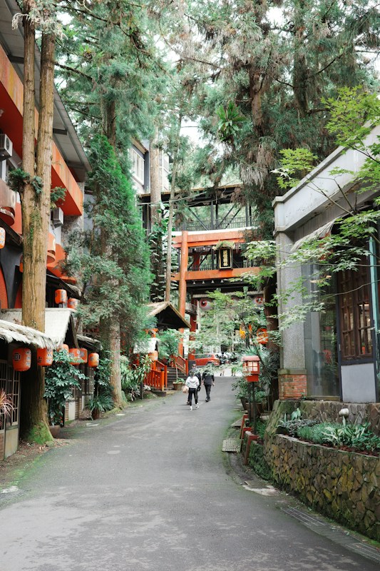 溪頭園區入口旁的松林町妖怪村，街道兩側掛滿紅燈籠與日式街屋