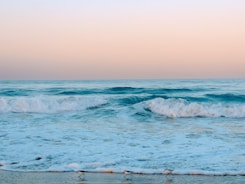 A blurry photo of the ocean with waves coming in