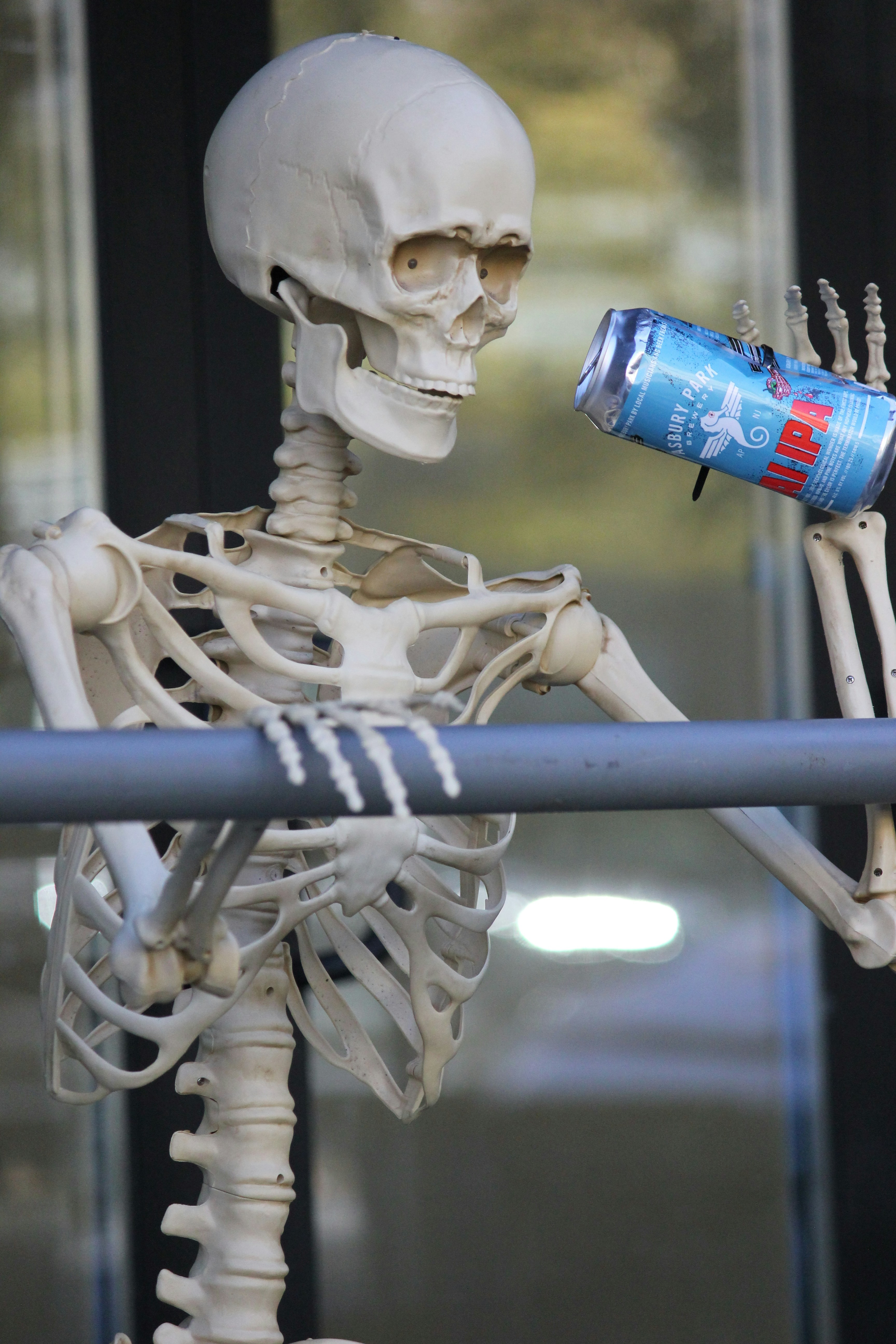 A skeleton is holding a can of soda