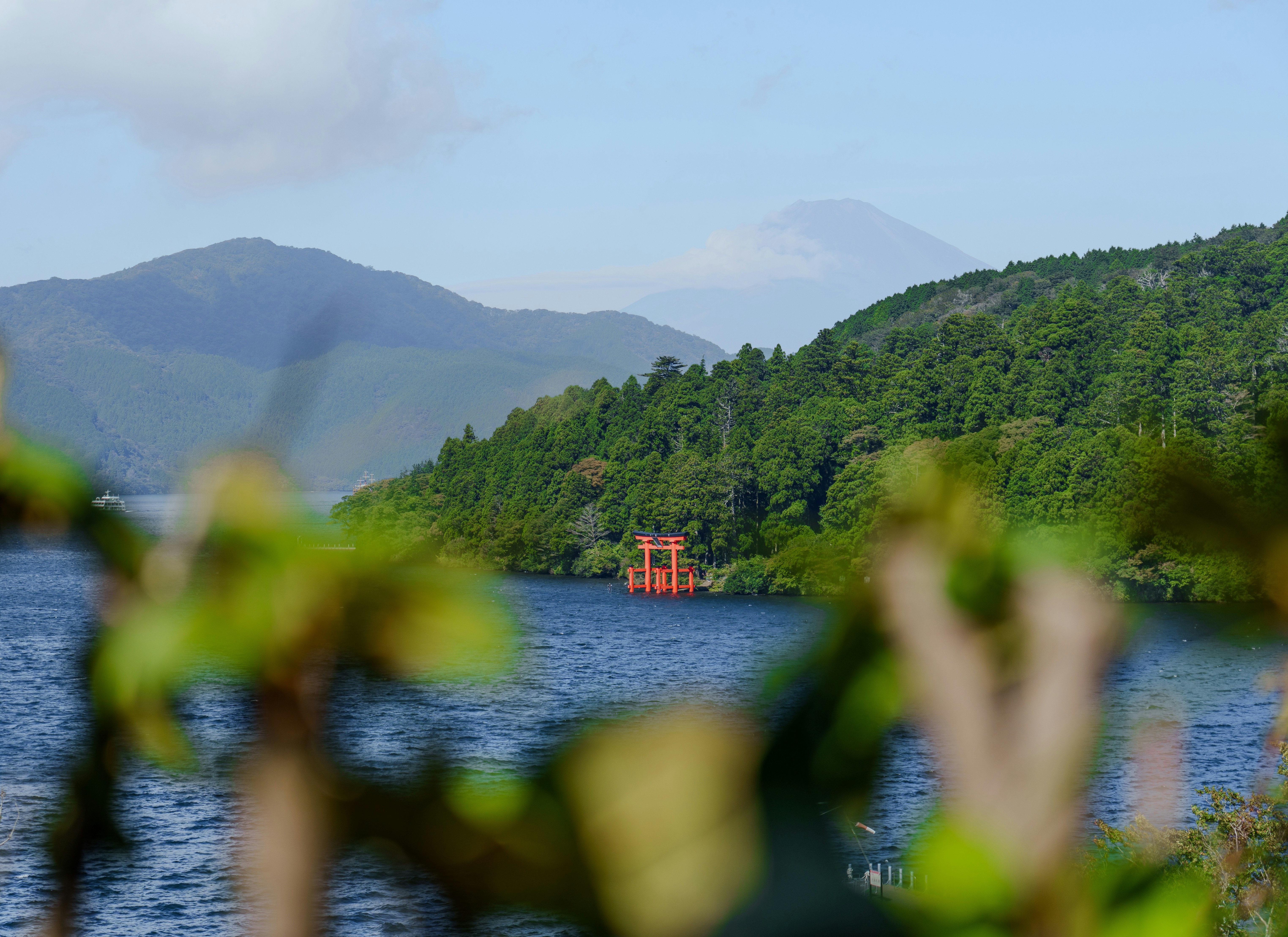 A body of water surrounded by trees and mountains