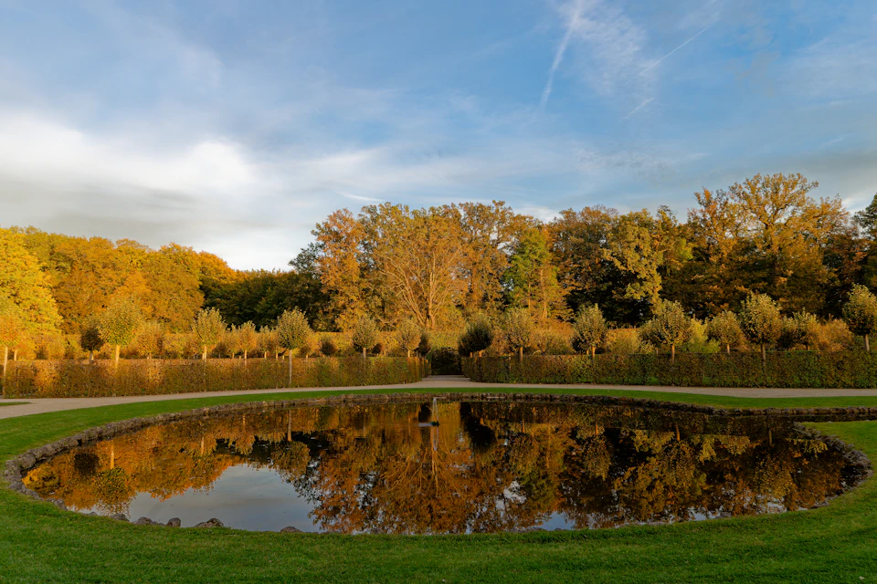 Serene park scene features large pond surrounded by lush greenery and vibrant autumn trees