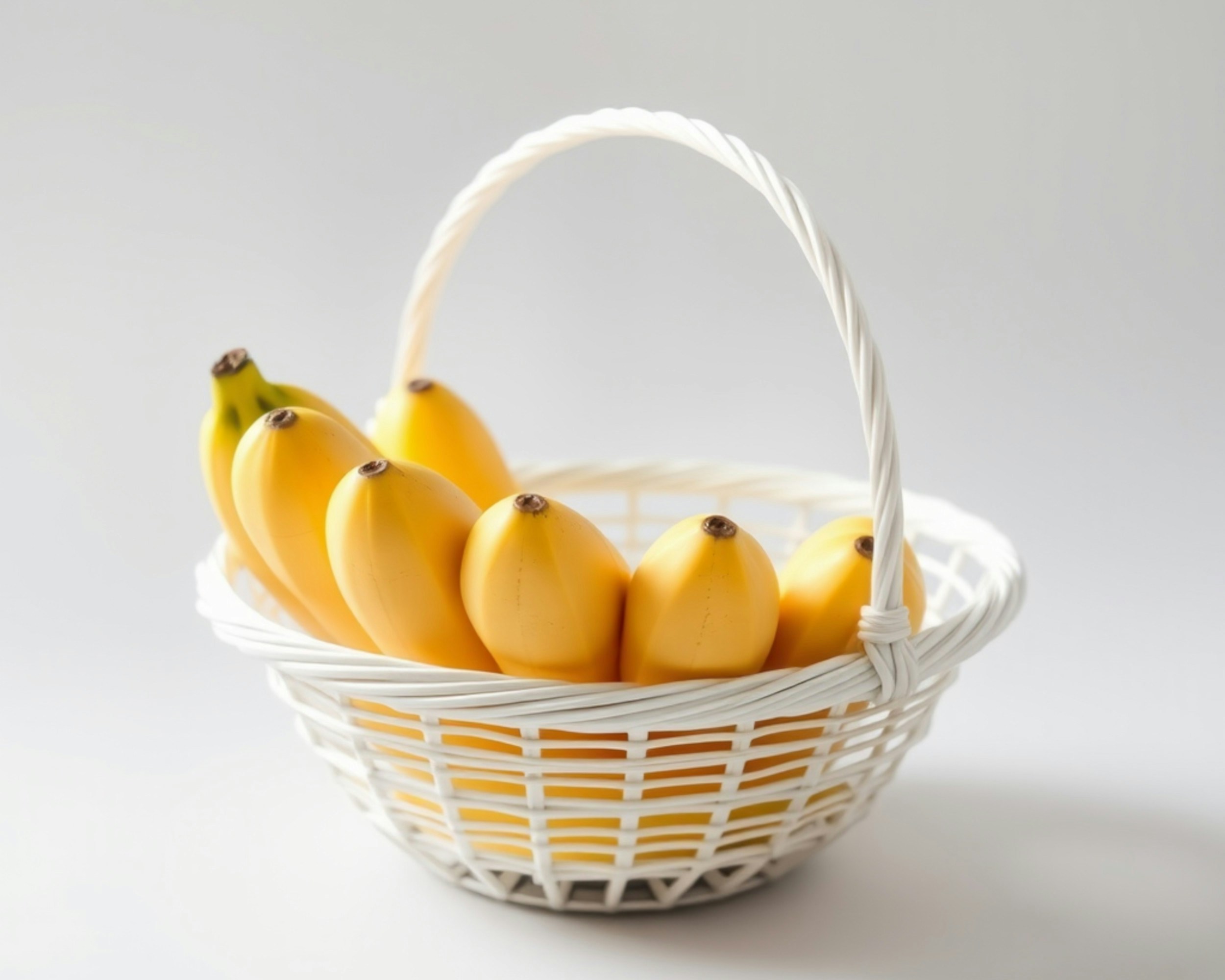 A white basket filled with bananas on top of a table