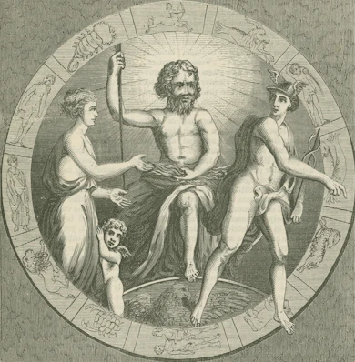 Mythological figures in a circular celestial design