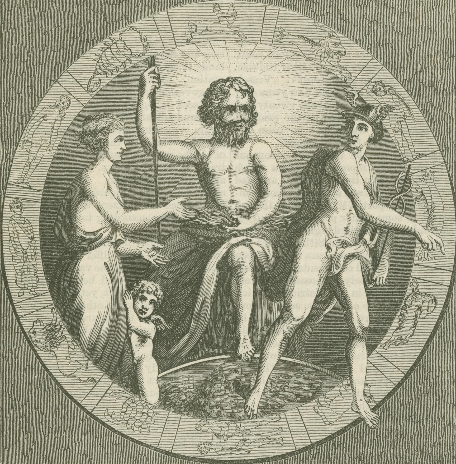 Mythological figures in a circular celestial design.