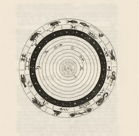 Antique astronomical circle diagram with numbers, tinted royal navy blue to match the site