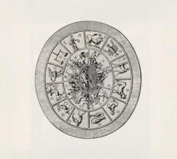 Zodiac wheel with astrological symbols and figures
