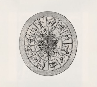 Zodiac wheel with astrological symbols and figures