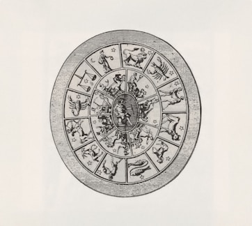 Zodiac wheel with astrological symbols and figures