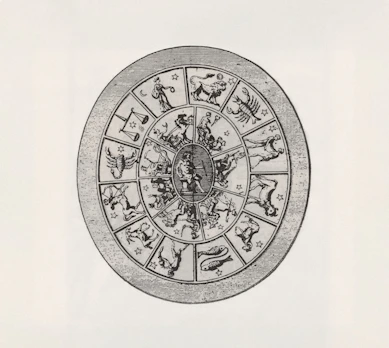 Zodiac wheel with astrological symbols and figures