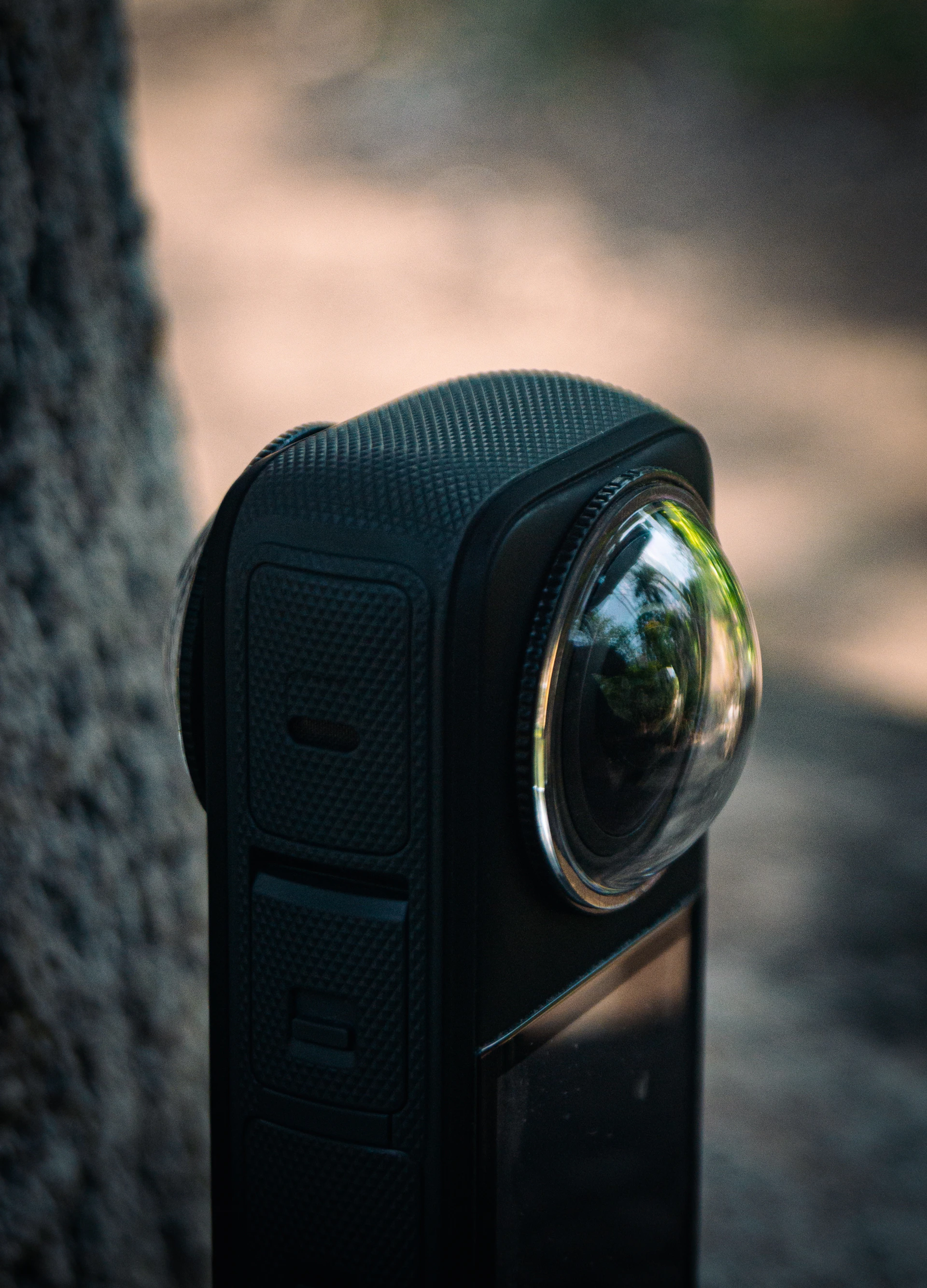 A close up of a camera attached to a tree