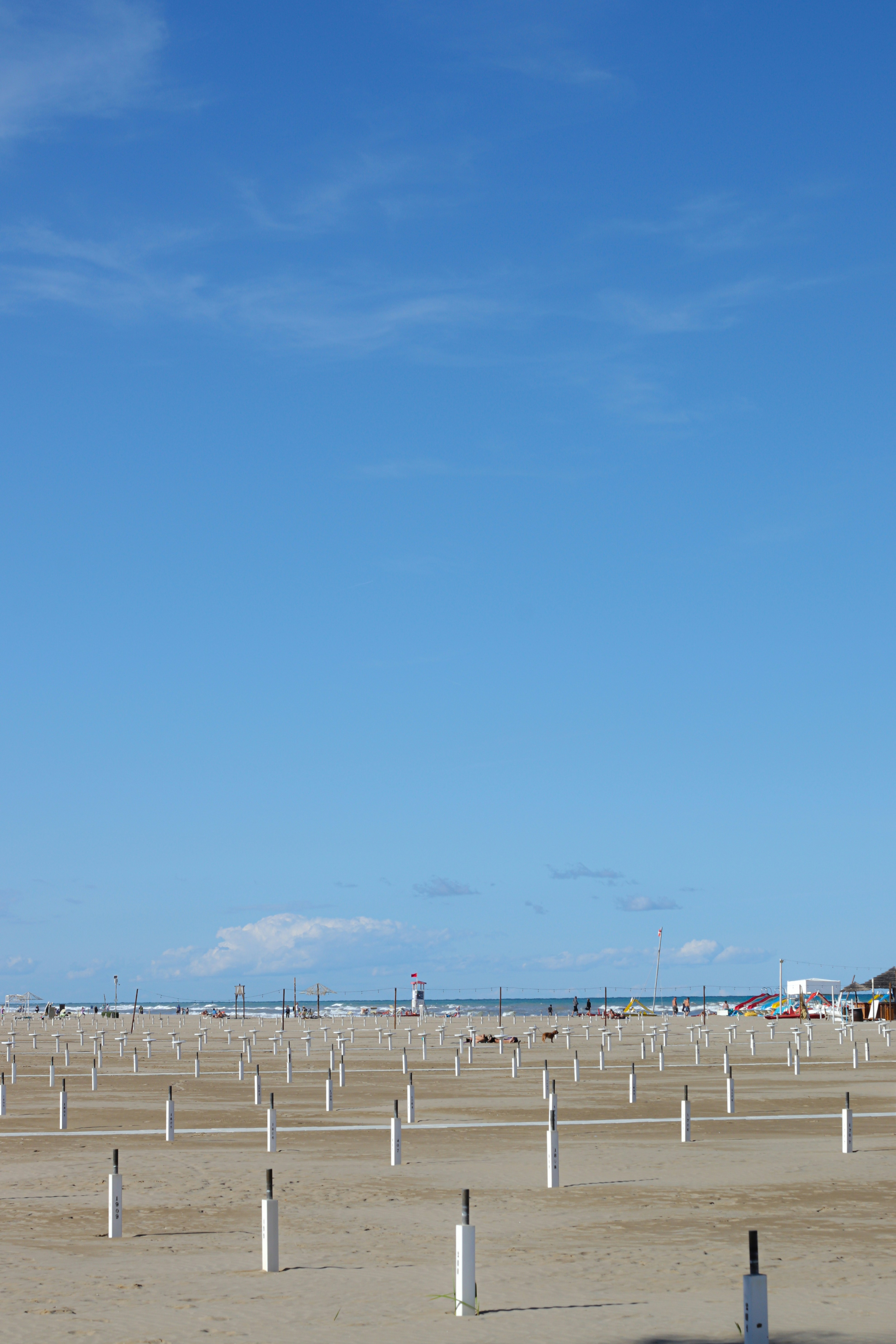 Ein großes Feld aus weißen Pfählen an einem Strand