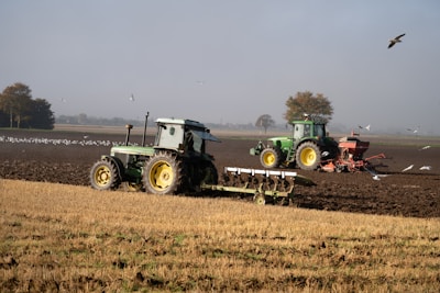 Two tractors are plowing a field of crops