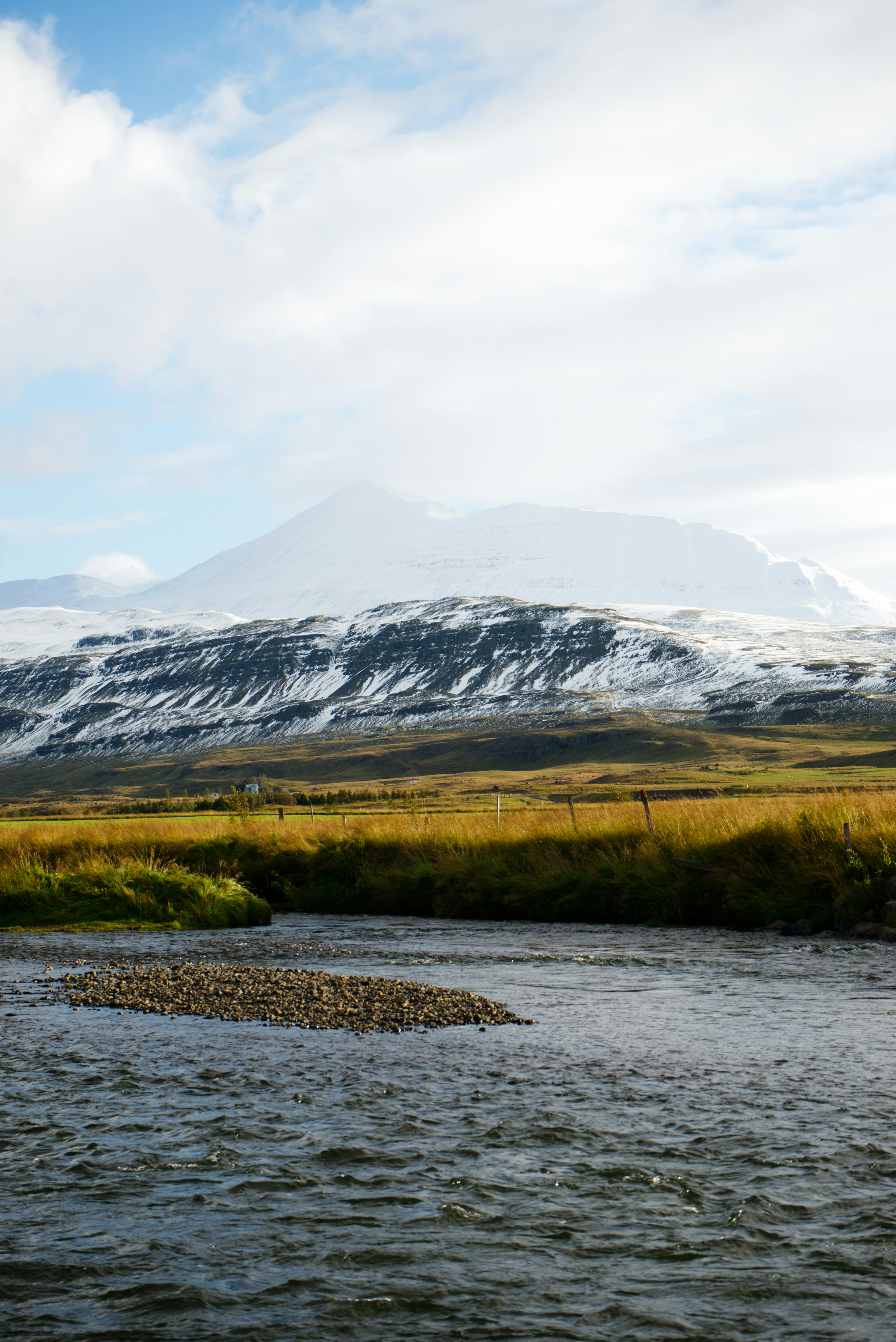 A river with a mountain in the background