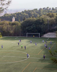A group of people on a field playing soccer