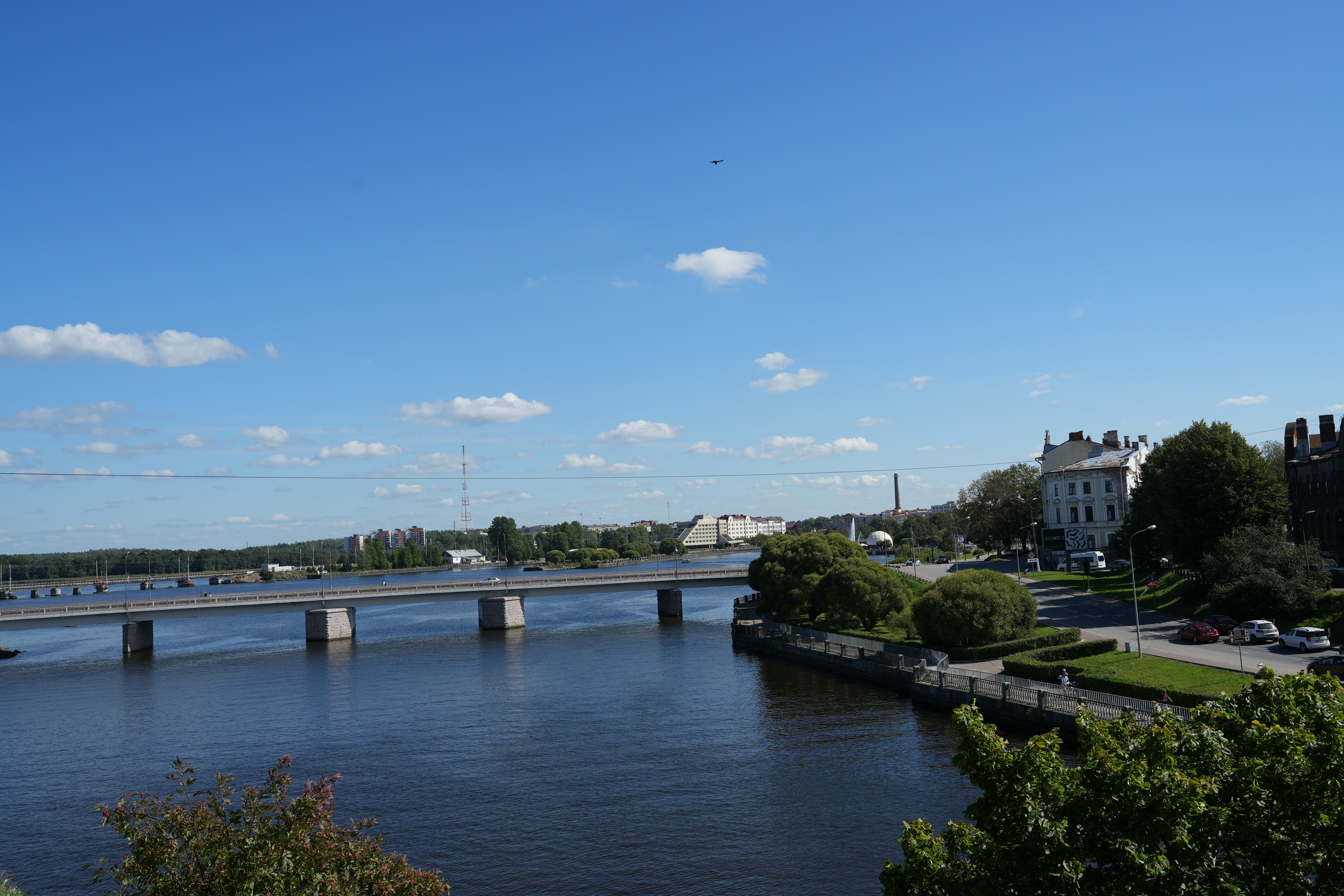 A river with a bridge in the background