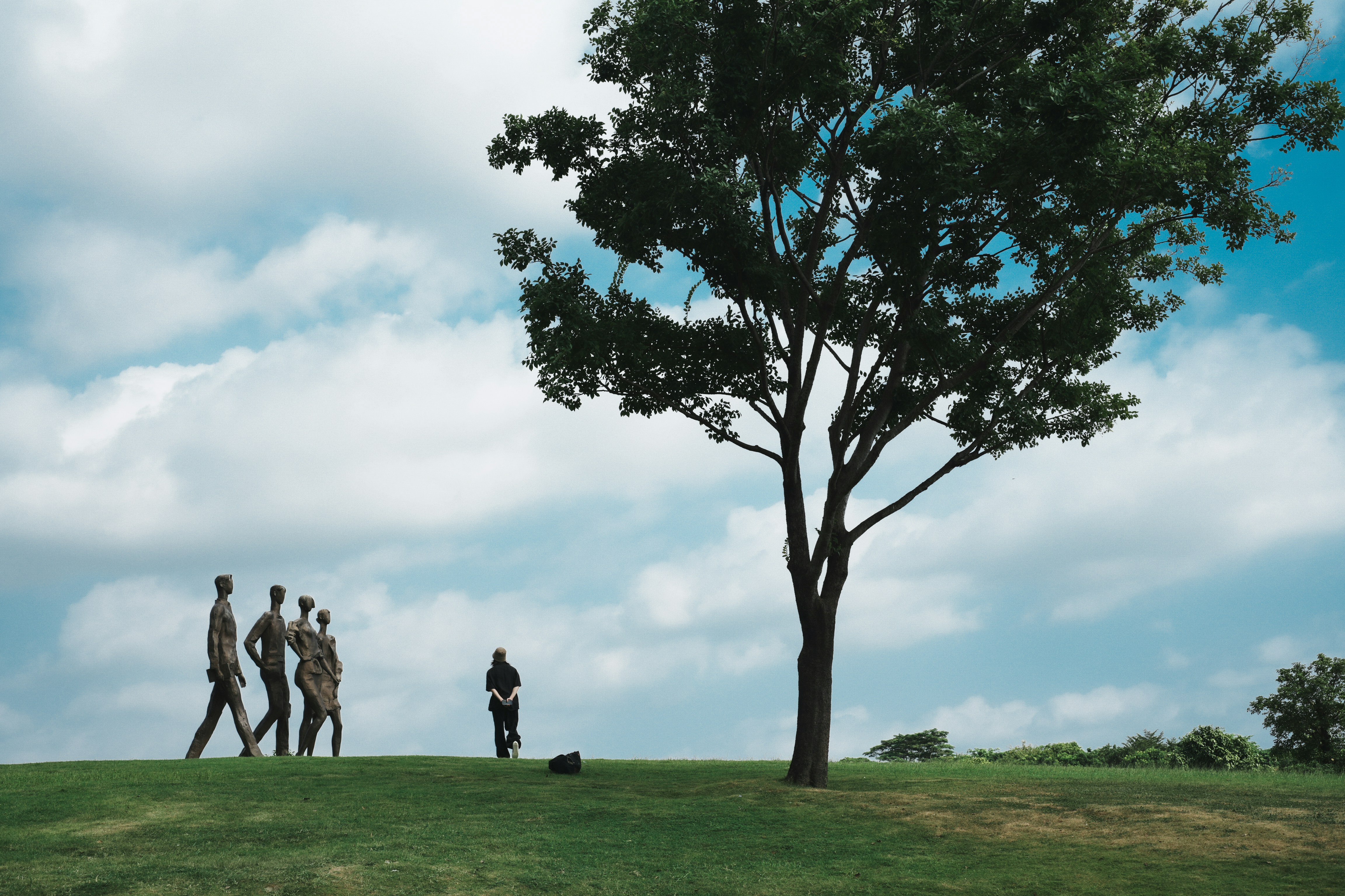 A group of people walking across a lush green field