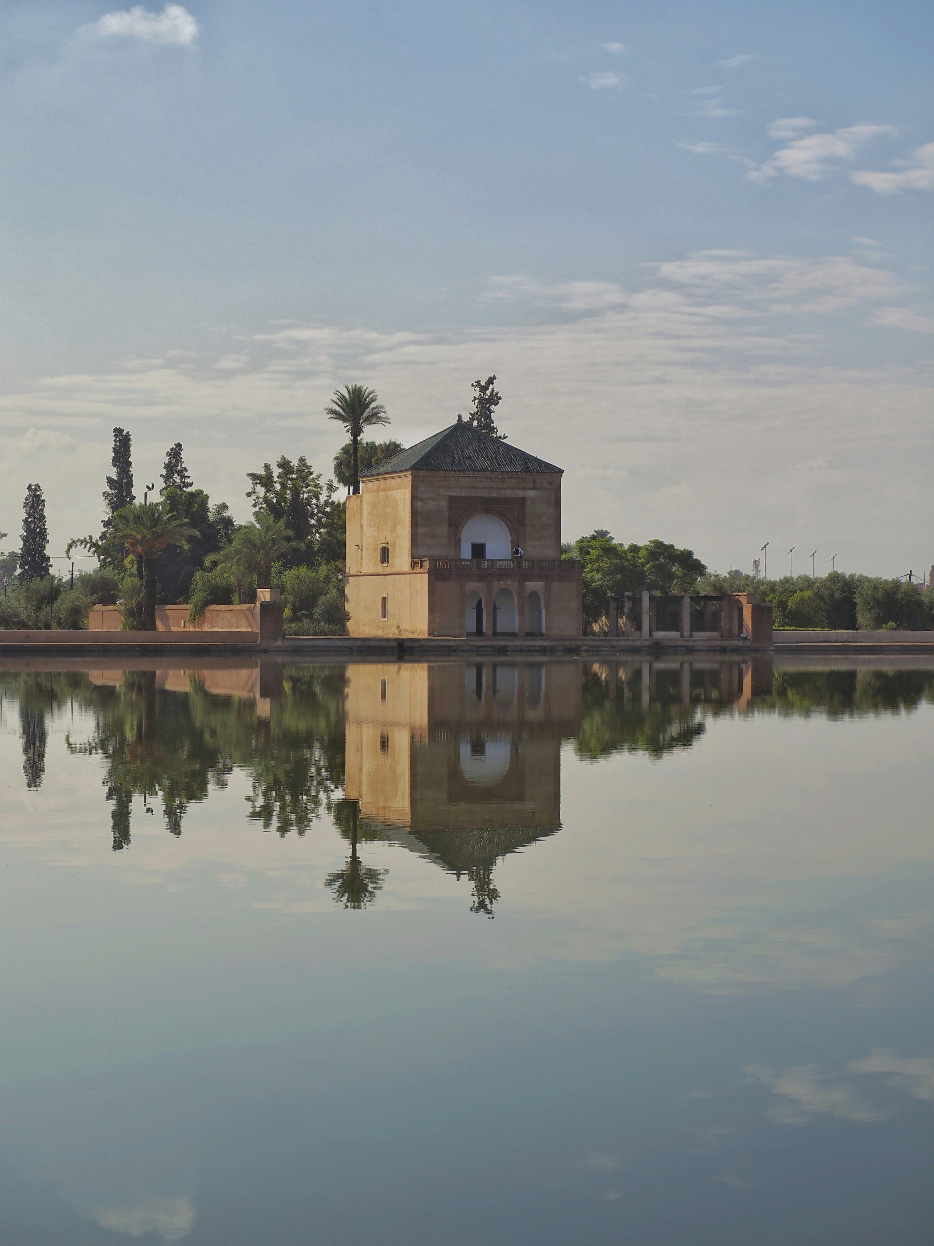 A large body of water with a tower in the middle of it