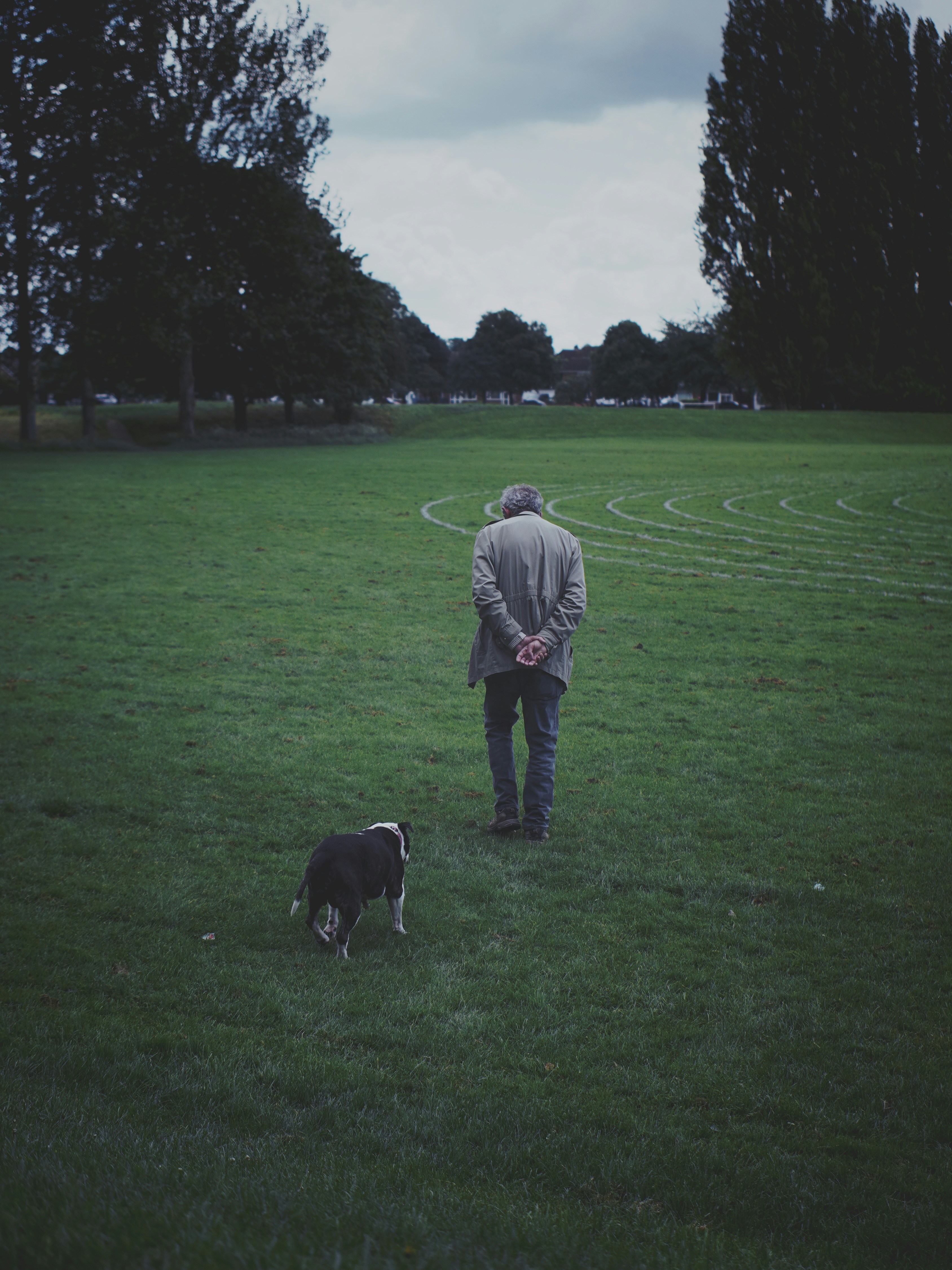 A man standing in a field with a dog