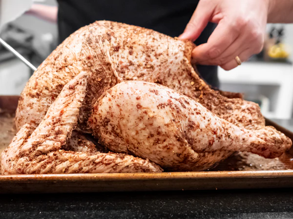 A roasted turkey on a serving tray