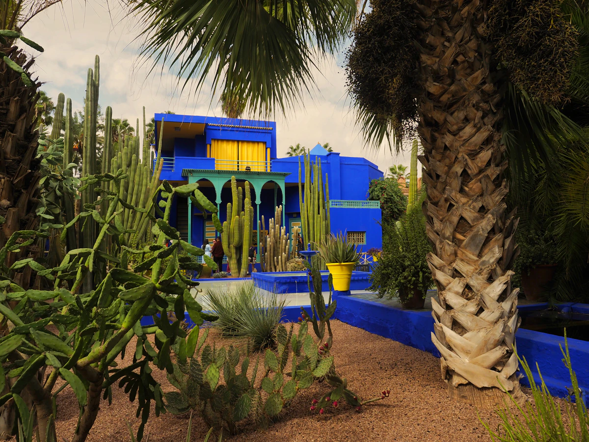 Bâtiment bleu et jaune entouré de palmiers dans le jardin Majorelle