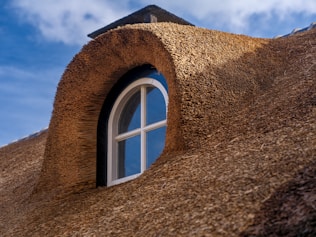 A thatched roof with a window and a sky background