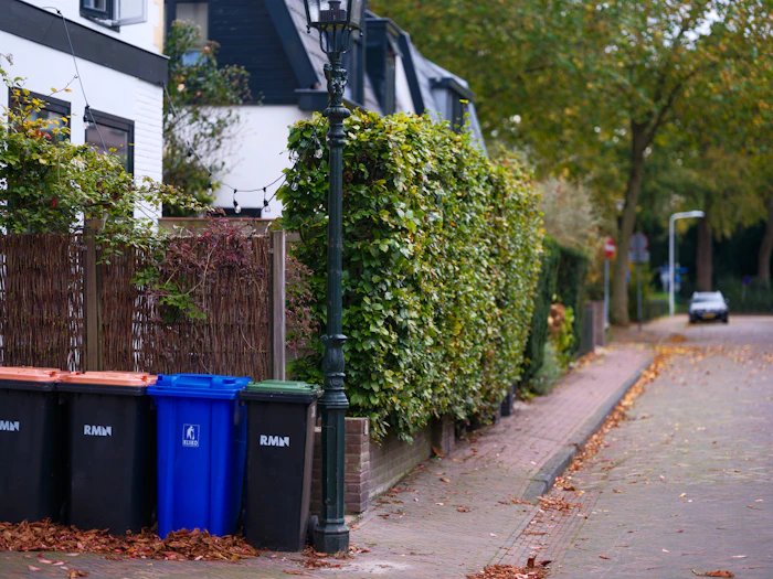 Trash cans lined up at the curb on pickup day