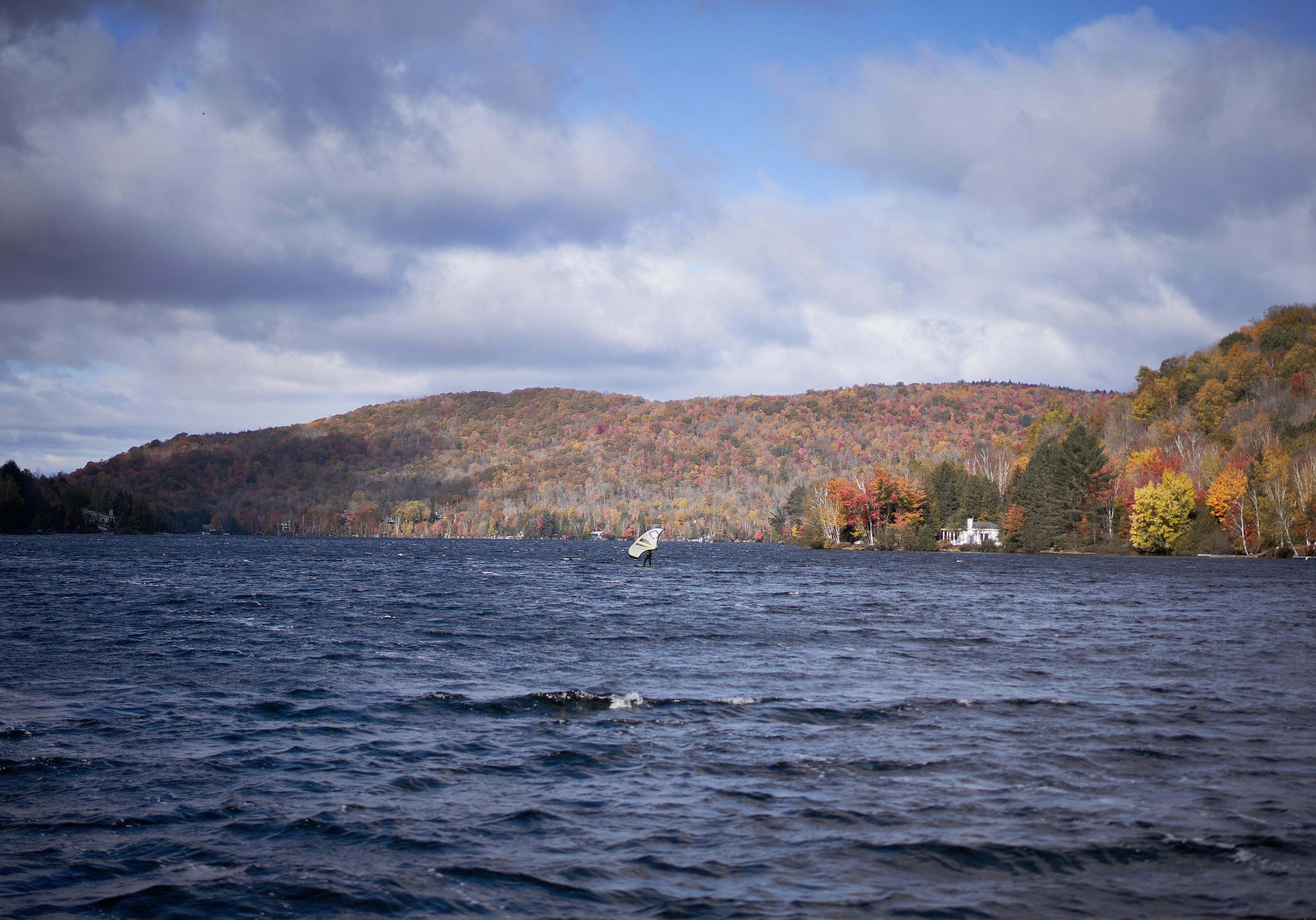 A body of water surrounded by mountains and trees