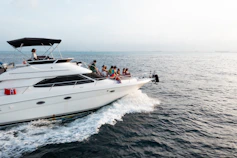 A large white boat with a lot of people on it