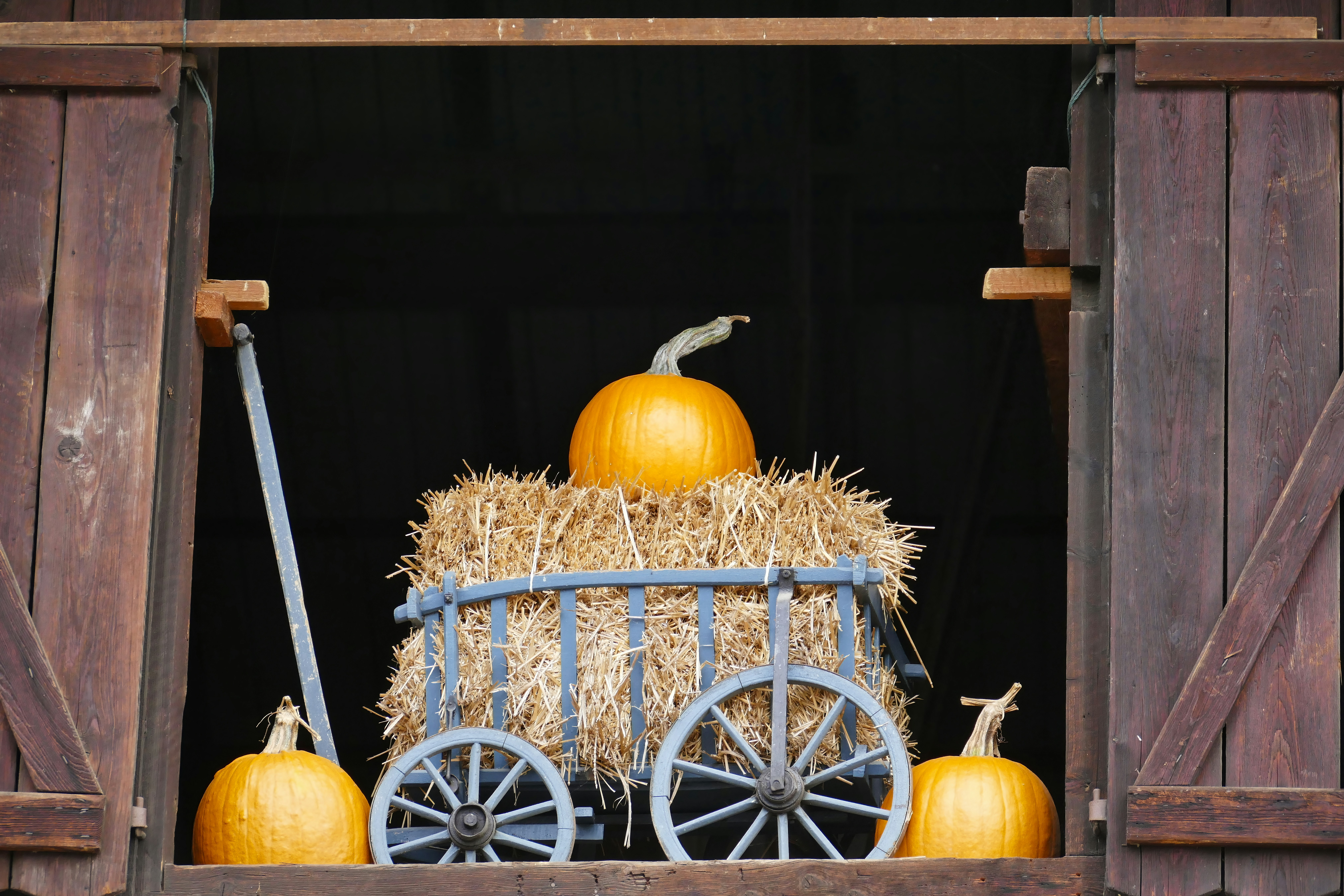 A wagon with hay and pumpkins in it