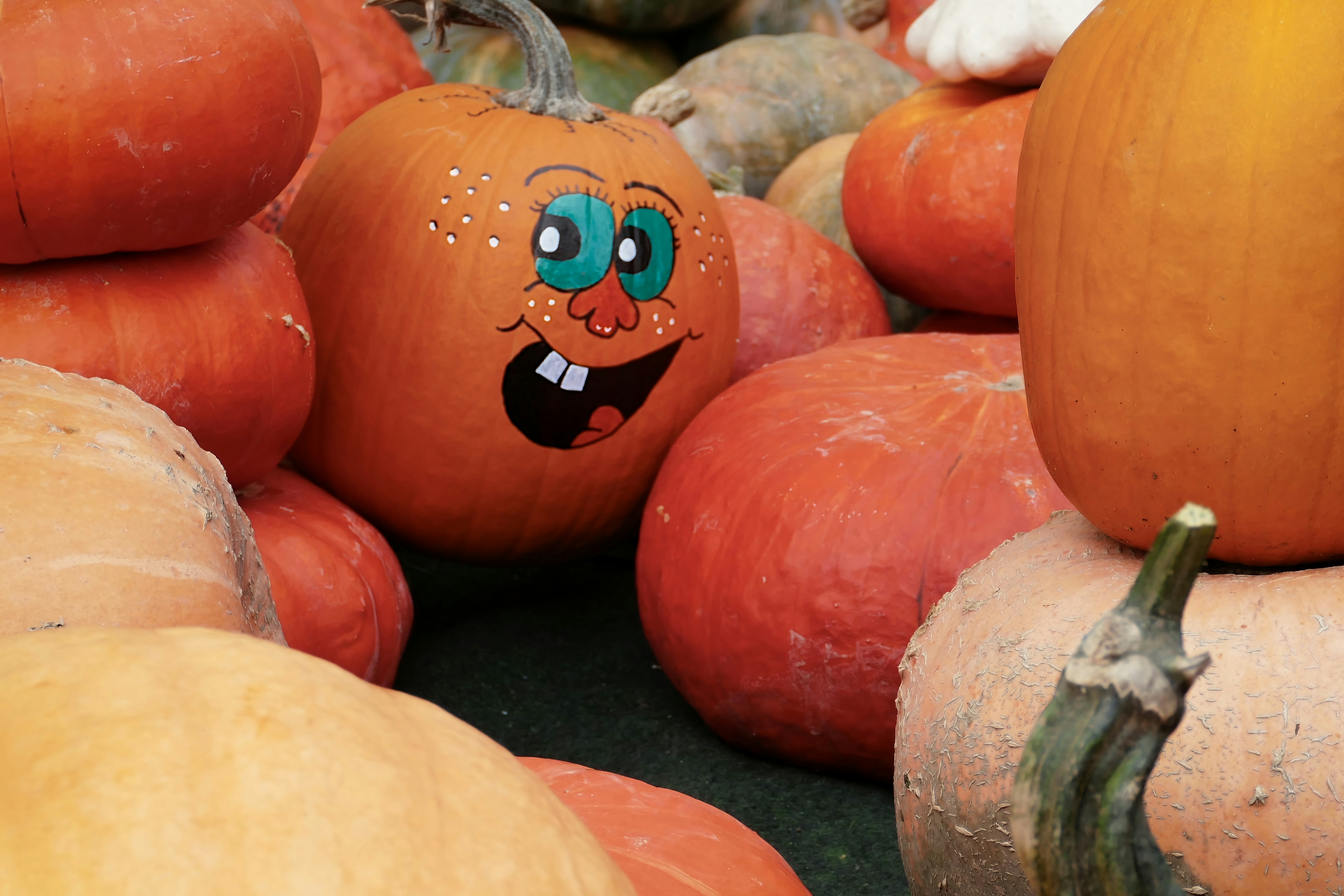 A pile of pumpkins with faces painted on them
