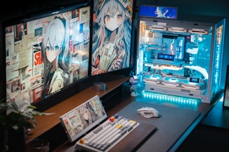 A desk with a computer and a bunch of pictures on it