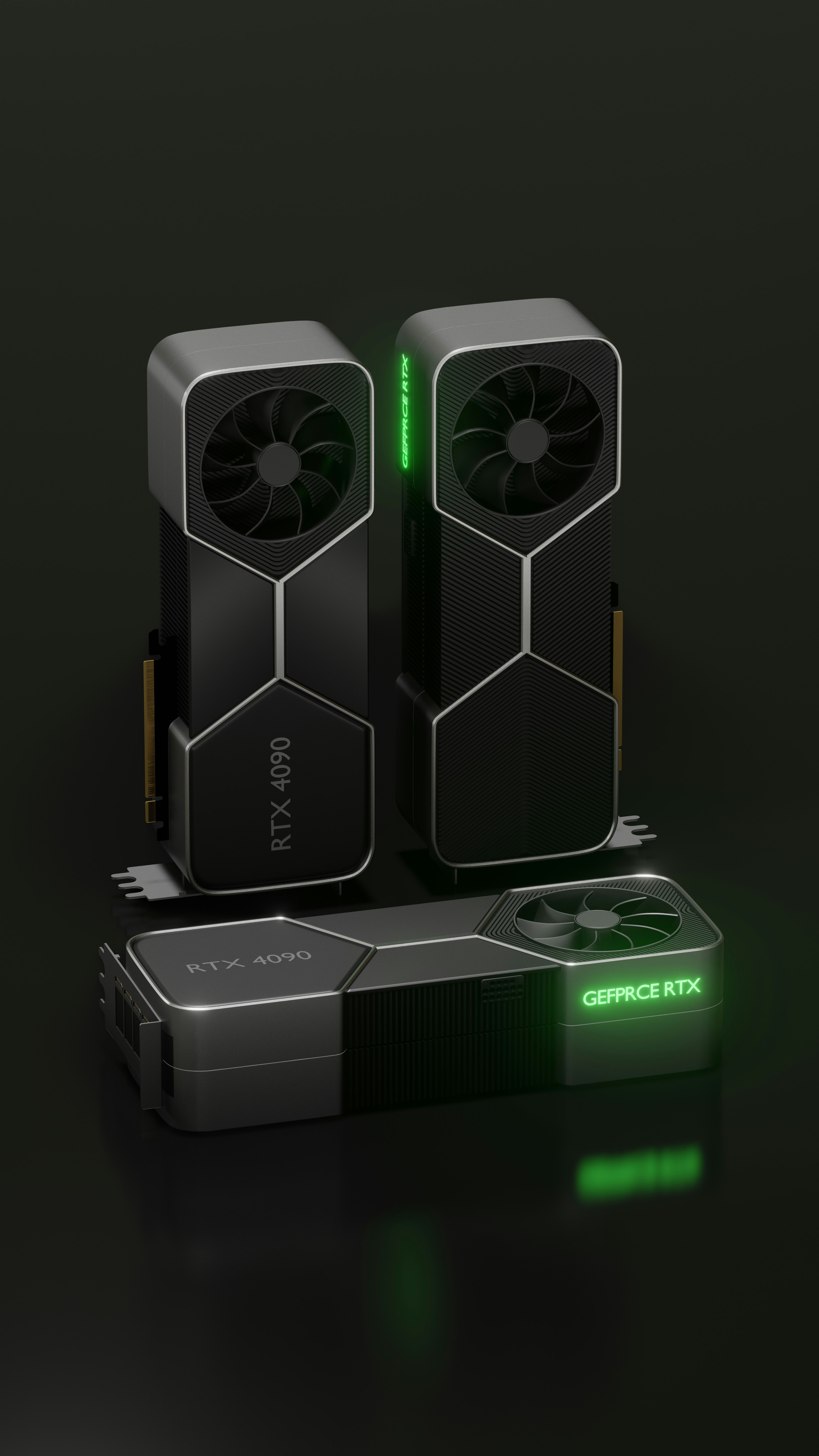 Three graphics cards from NVIDIA AMD and Intel displayed side by side