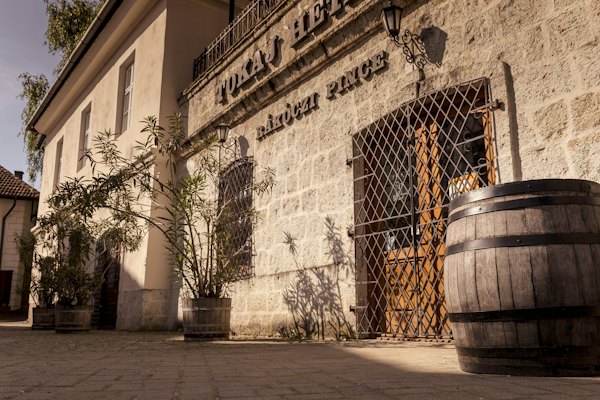 A wine cellar door with a barrel outside — Tokaj, Hungary