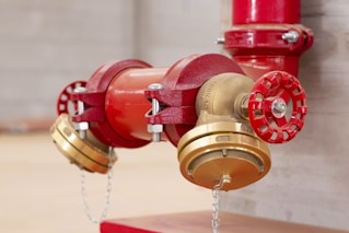 A close up of a red and gold fire hydrant