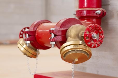 A close up of a red and gold fire hydrant