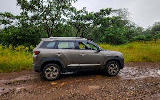 A car is parked on a muddy road