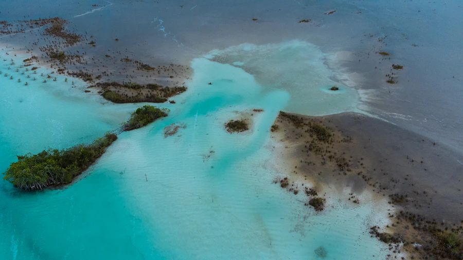 Aerial view of the seven-colors lagoon in Bacalar, Mexico