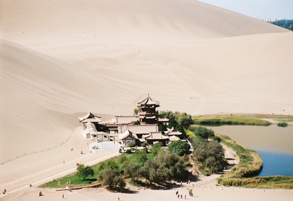 A group of people standing on top of a sandy hill