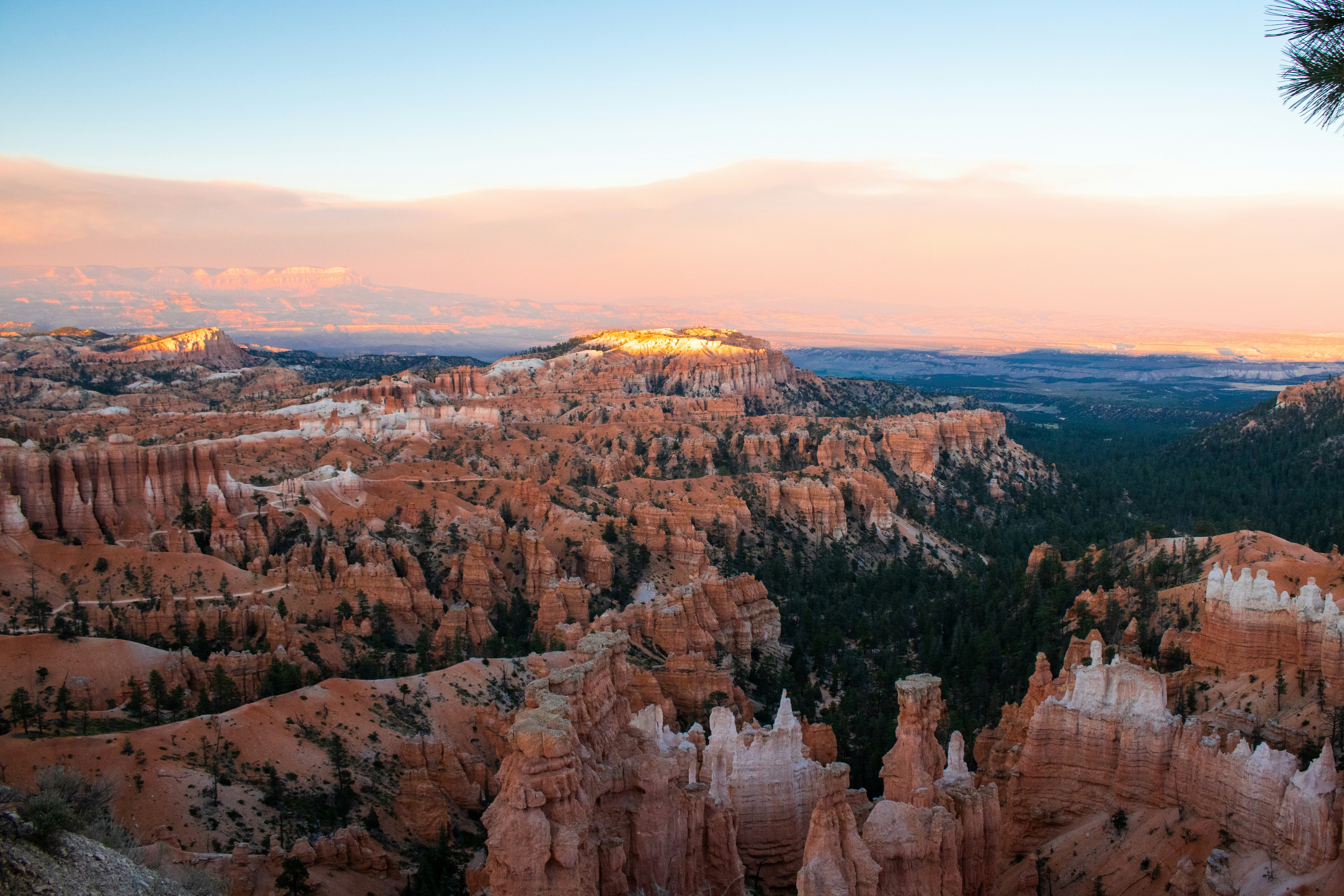 A scenic view of a valley with trees and mountains in the background, The Bryce Amphitheater in Bryce Canyon National Park is a stunning geological marvel, filled with thousands of hoodoos—tall, thin rock spires formed from layers of soft sedimentary rock, primarily limestone. These unique formations were created through a process of frost-wedging, where water seeps into cracks, freezes, and expands, breaking the rock apart over millennia. Erosion from wind and rain further sculpted the hoodoos, giving them their distinct shapes. Sunset Point provides breathtaking views of these vibrant red, orange, and pink limestone formations.