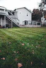 A lawn with a house in the background