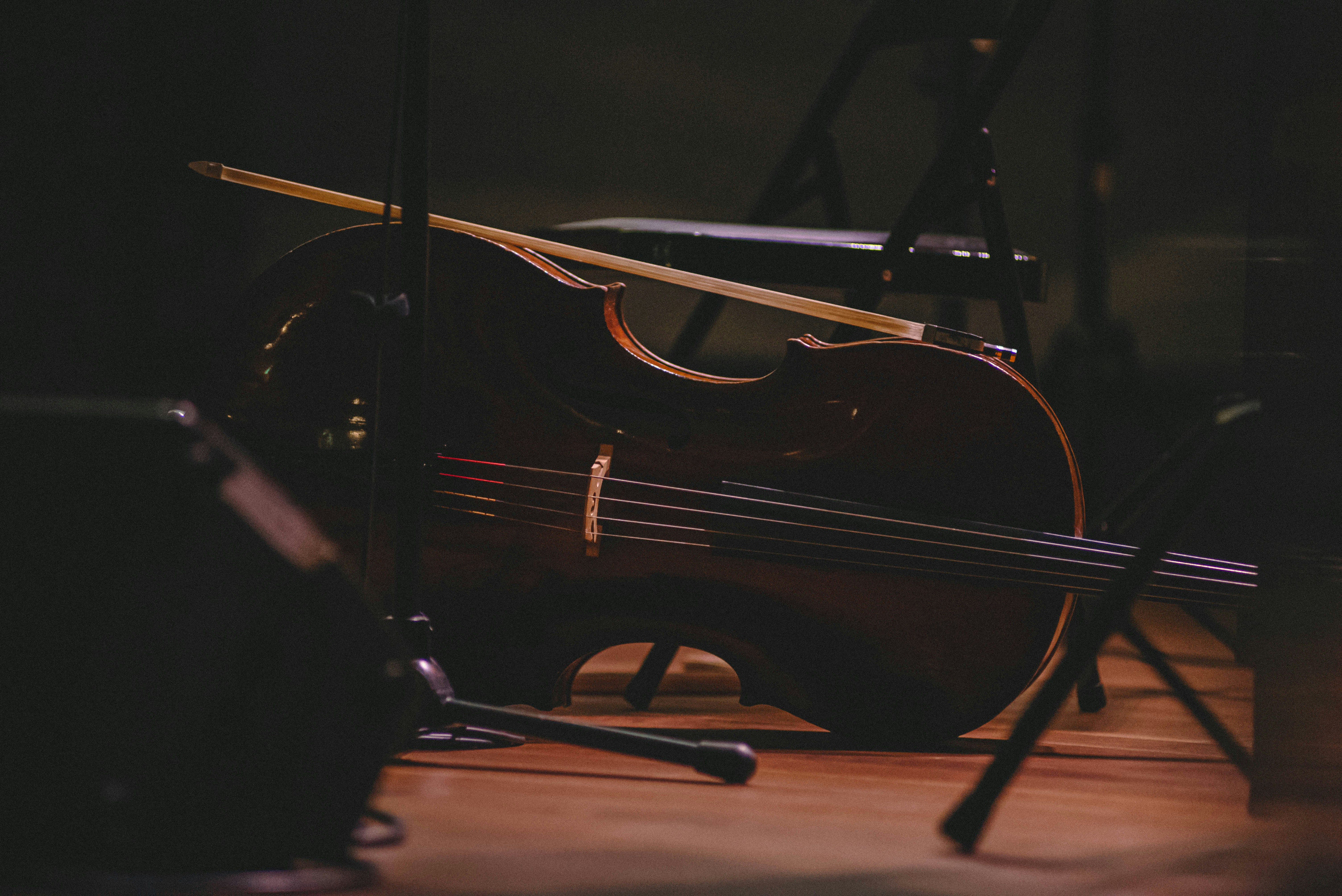 A violin sitting on the ground next to other musical instruments