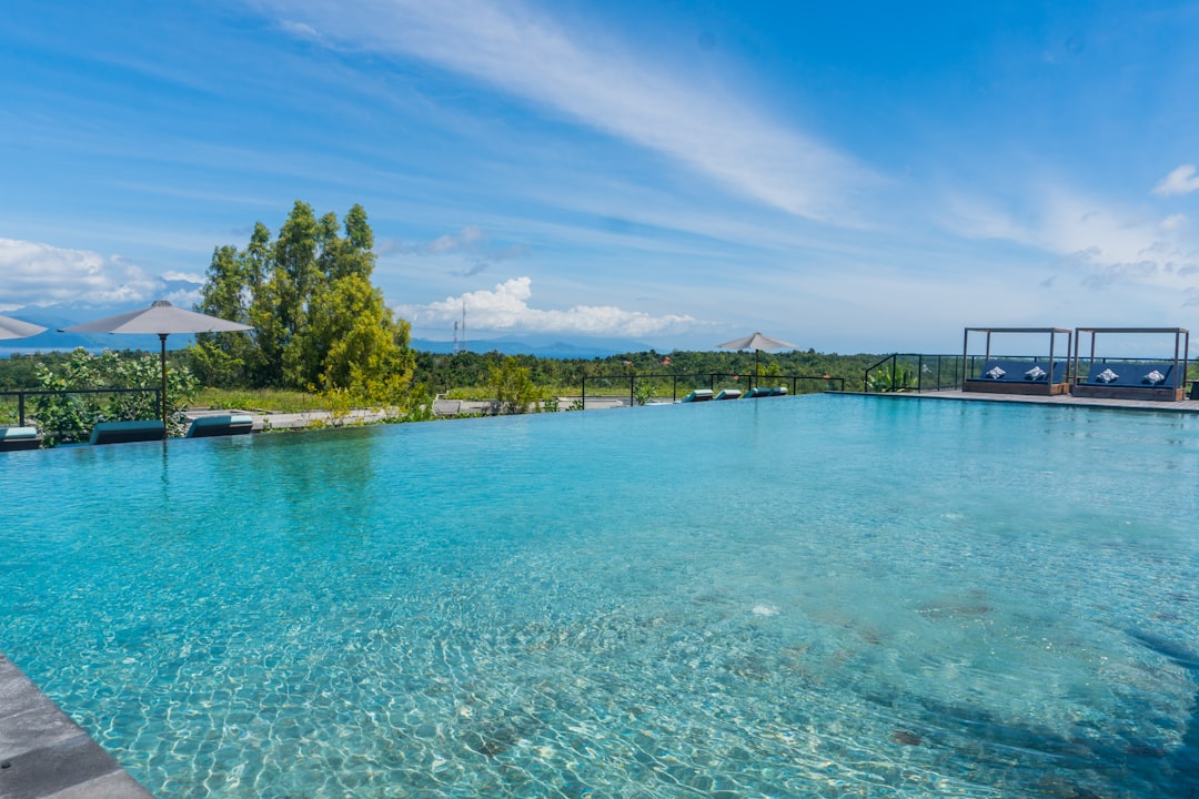 A large swimming pool surrounded by a lush green field