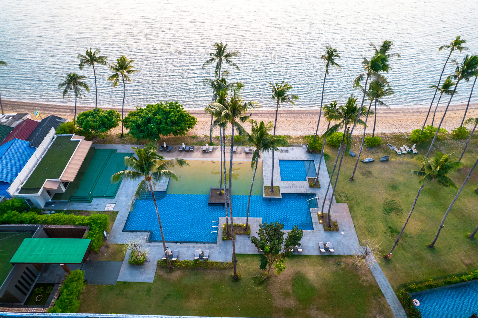 Aerial view of a resort swimming pool in Phuket, Thailand
