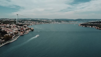 A large body of water surrounded by a city