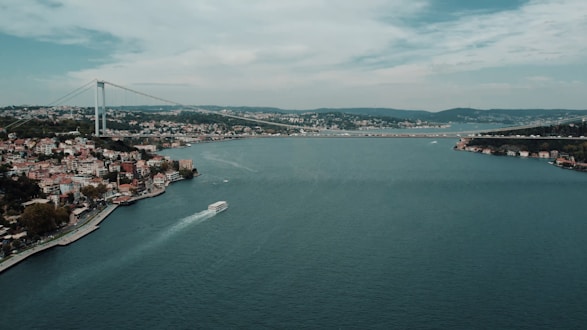 A large body of water surrounded by a city